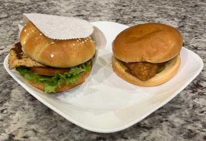 Two chicken sandwiches from Chick-fil-a. One is a grilled chicken sandwich (left), and the other is a fried chicken sandwich. Photo provided by Justin Naugle. 