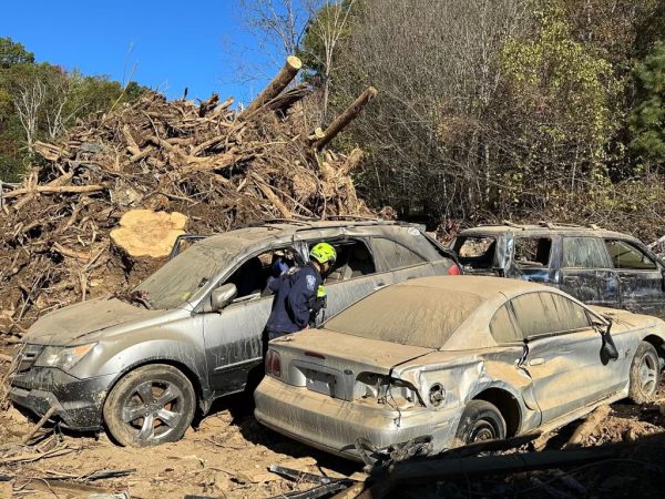 Fairfax County Fire and Rescue  department searching through debris in Asheville, North Carolina. Photo provided by Virginia Task Force 1 Urban Search and Rescue. 
