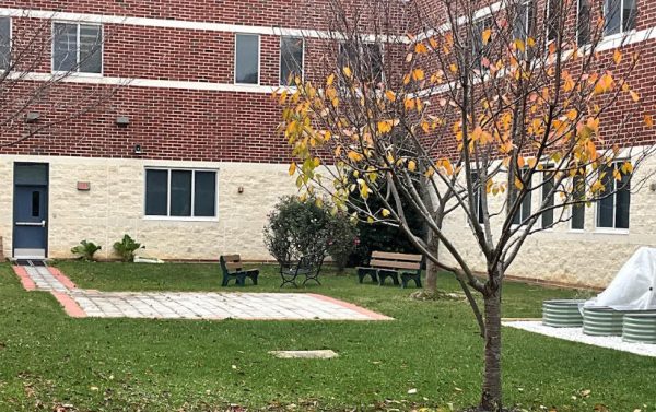 The view looking out at the benches in Woodgrove’s courtyard that were a Capstone a previous year. Photo provided by Ashley Rayburn.
