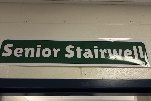 Senior Stairwell banner representing the 200 and 300 hallway staircase. Photo provided by Bree Mohler.