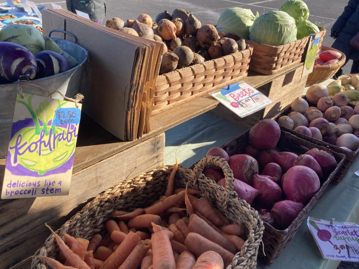 A display of veggies from Fireside Farm at the Leesburg farmers market. Photo provided by Sarah Putorti. 
