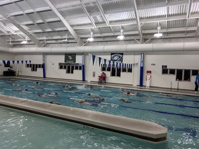 Woodgrove Swim Team practicing in the limited four-lane facility Round Hill Aquatic Center. Photo provided by Hudsyn Davies. 
